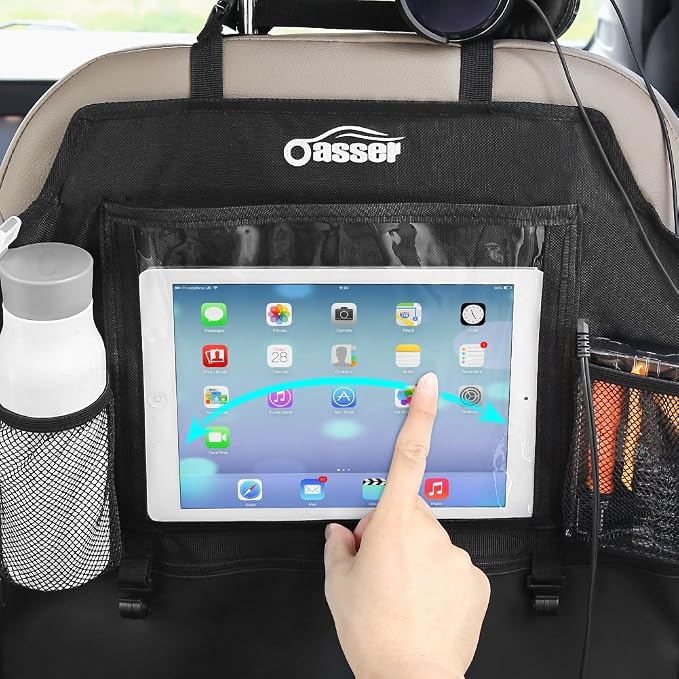 Oasser Seat Back Protector Kick Mats Backseat Car Organizers | 2 Pack, 1 Tissue Box, 12.9" Touch Screen Tablet Holder, Large Back of Seat Protector and Storage for Kids, 8 Pockets, Black - Image 3