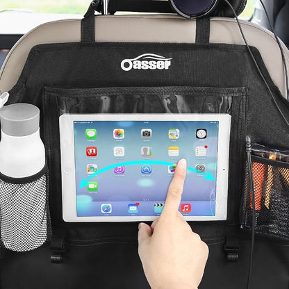 Oasser Seat Back Protector Kick Mats Backseat Car Organizers | 2 Pack, 1 Tissue Box, 12.9" Touch Screen Tablet Holder, Large Back of Seat Protector and Storage for Kids, 8 Pockets, Black - Image 3