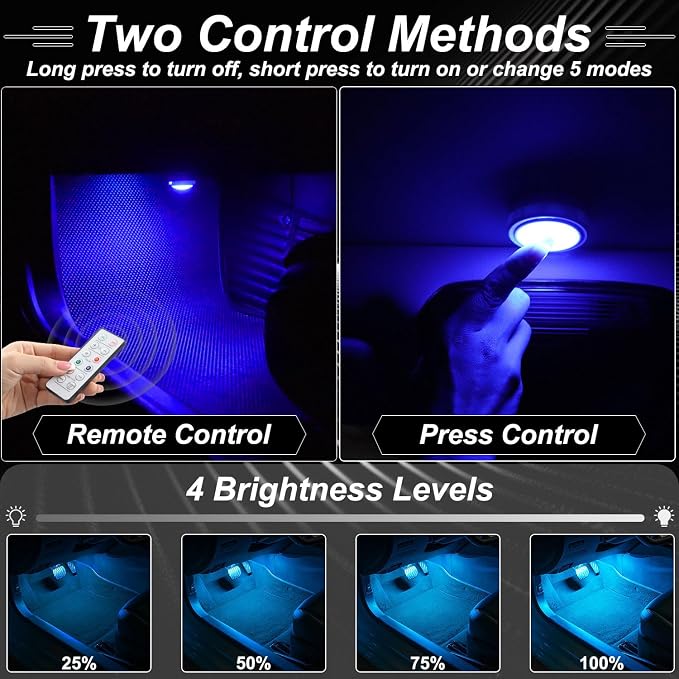 Wireless Interior Car Lights with Remote Control, 4Pcs Ambient Lighting Kit | 16 Colors Rechargeable Inside Car Lights, USB Powered, Dimmer & Timer Function for Vehicle Home Decoration - Image 3