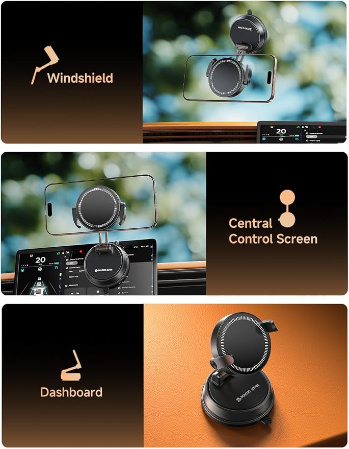 MAGIC JOHN for Magsafe Car Mount, Magnetic Phone Holder for Car | 360° Rotatable, Powerful Magnetic, Reusable Suction Base, Hands-Free Driving for All Smartphones, Simple Install - Image 2