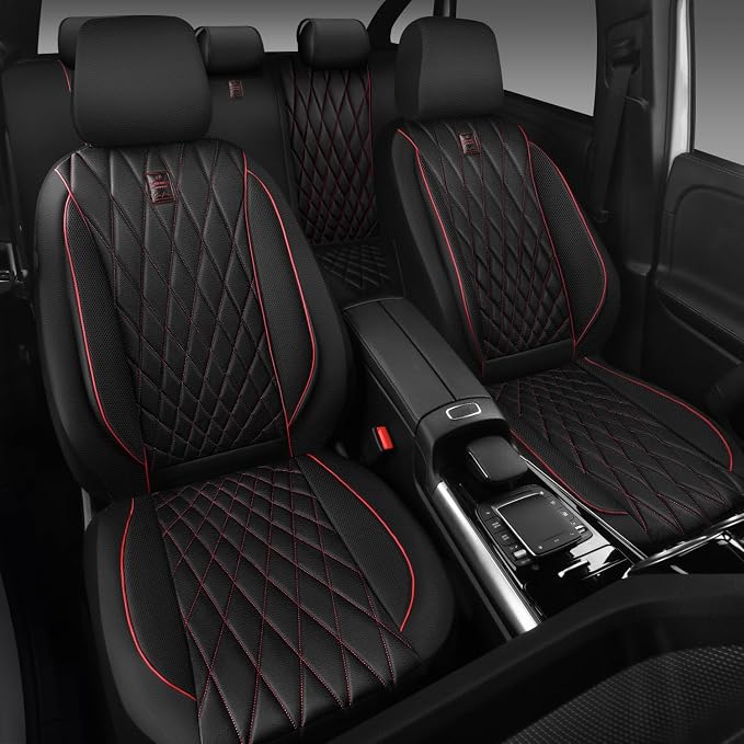 CAR PASS Piping Luxury Leather Seat Covers Full Set,5 Seats Anti-Slip Waterproof Seat Covers Compatible with Front Armrests,Universal Fit for Sendan SUV Van Truck,Airbag Compatible,Black and Red - Image 7