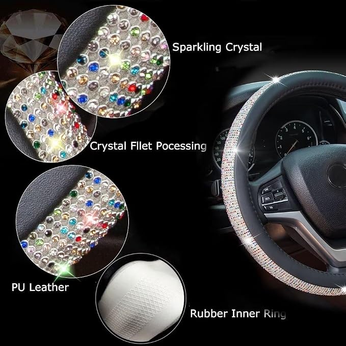 New Diamond Leather Steering Wheel Cover with Bling Crystal Rhinestones | Universal Fit 15 Inch Car Wheel Protector for Women Girls Black with Colorful Diamonds - Image 3