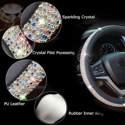 New Diamond Leather Steering Wheel Cover with Bling Crystal Rhinestones | Universal Fit 15 Inch Car Wheel Protector for Women Girls Black with Colorful Diamonds - Image 3