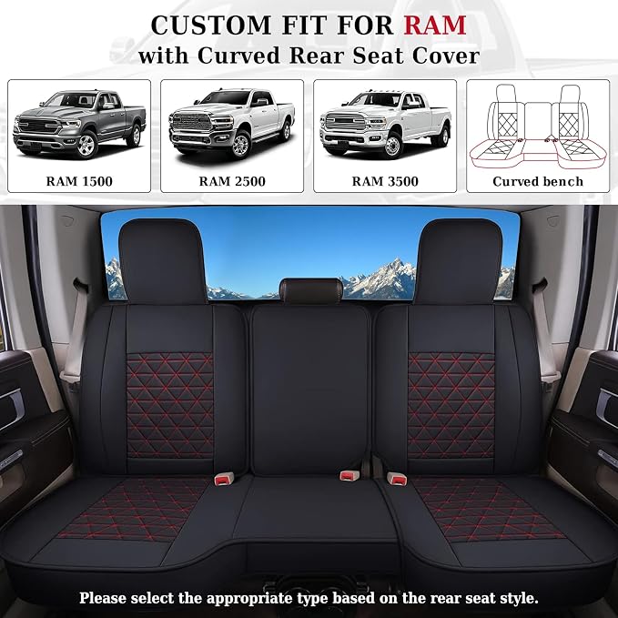 Coverado Seat Covers for Dodge Ram Full Set, Waterproof Truck Car Seat Cover Protectors Custom Fit for 2002-2026 Dodge RAM 1500 2500 3500 with Curved Bench(Red) - Image 4