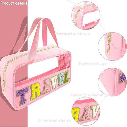 Bunliuys Chenille Letter Clear Makeup Bag Travel Patch, Travel Toiletry Makeup Bag with Handle, Nylon Waterproof Makeup Bags clear cosmetic bag, preppy patch makeup bag for Women (TRAVEL-Pink) - Image 3