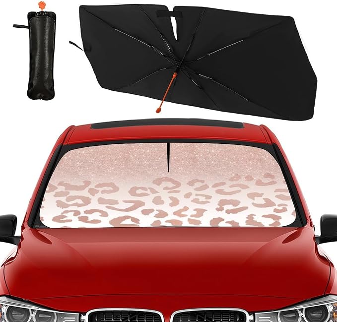 Socira Rose Gold Leopard Car Windshield Sunshade Umbrella Foldable | Umbrella Cute Sun Shade Windshield Cover Sunshade Leopard Print Car Accessories Keeps Cool (57" X 30") - Image 9