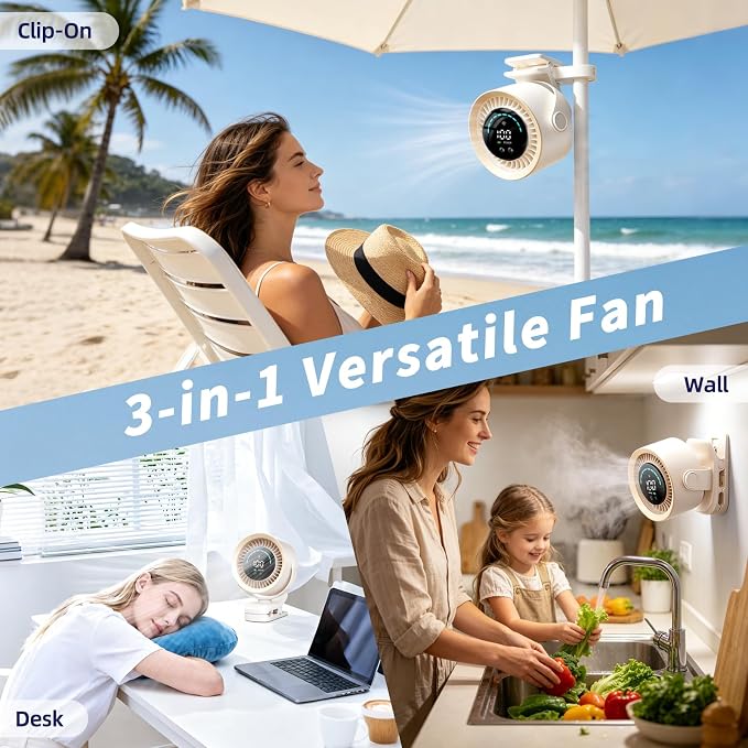 Portable Clip on Fan, Rechargeable USB Desk Fan with Turbo Airflow, 100 Speeds LED Display, 360° Rotation, Small Quiet Battery Powered Fan for Stroller Outdoor Travel Camping Golf Cart, White - Image 4