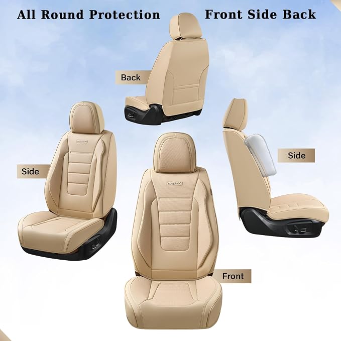 Coverado Front and Back Seat Covers for Cars, Nappa Leather Car Seat Covers, Automotive Seat Covers for Trucks, 5 Seats Waterproof Carseat Protector Car Seat Cover Beige, Universal Fit for Most Cars - Image 5