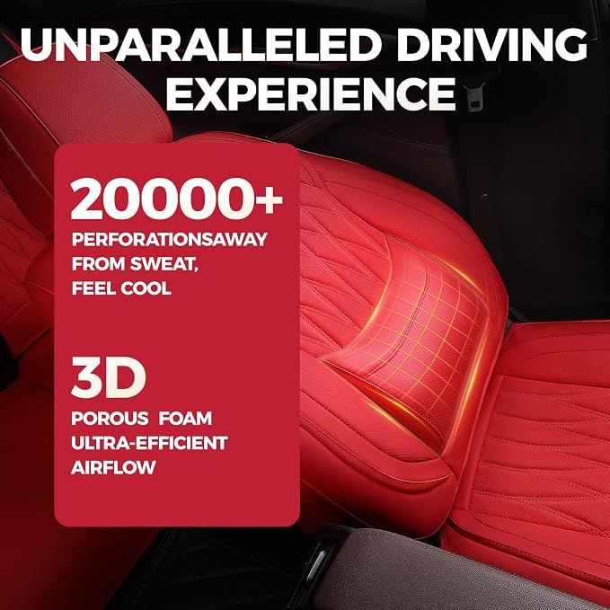 FREESOO Car Seat Covers Full Set Faux Leather Universal Fit Red | faux nappa leather seat covers, waterproof breathable, full set lumbar support, front rear covers, fit sedans suvs pickups - Image 3