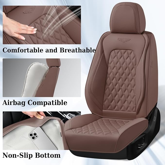 Coverado Front Seat Covers, Luxury Faux Leather Durable Anti-Scratch Cushions, Universal Fit for Cars, SUVs, Pickups, Waterproof Automotive Seat Covers, Car Accessories – Brown - Image 2