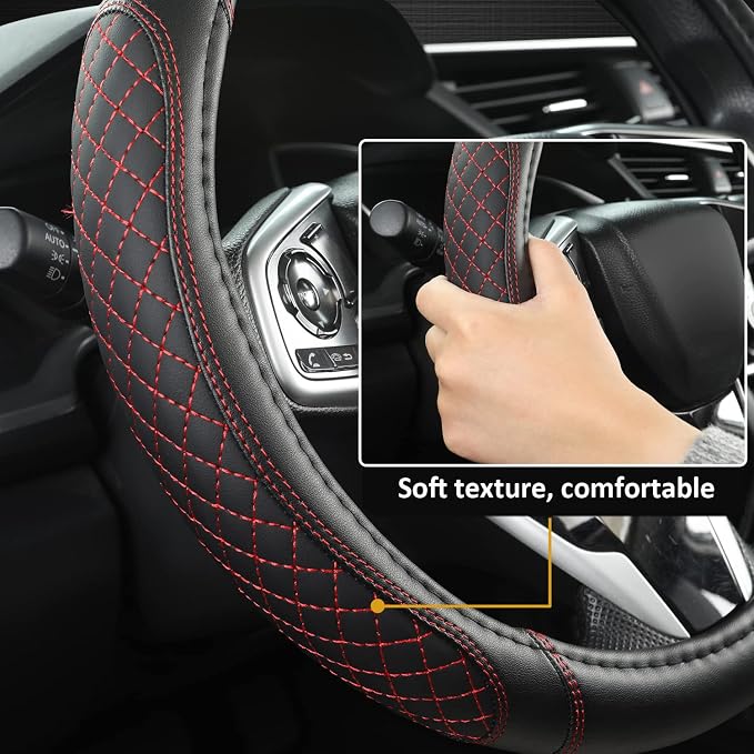 West Llama Customized Auto Car Steering Wheel Cover for Toyota Tacoma,4Runner,Tundra,Sequoia,15.5-16 inch(Diamond Quilted-Black+Red-Large Size) - Image 4