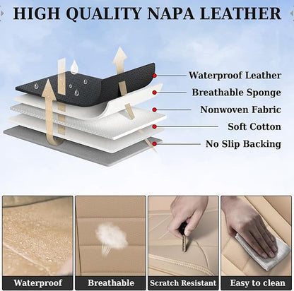 Coverado Front and Back Seat Covers for Cars, Nappa Leather Car Seat Covers, Automotive Seat Covers for Trucks, 5 Seats Waterproof Carseat Protector Car Seat Cover Beige, Universal Fit for Most Cars - Image 7