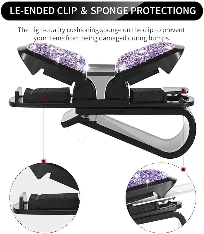 Glasses Holders for Car Sun Visor, Bling Crystal Rhinestones Fashion Rotatable Car Eyeglasses Sunglasses Hanger Mount with Ticket Card Clip for Women Girls (Violet) - Image 3