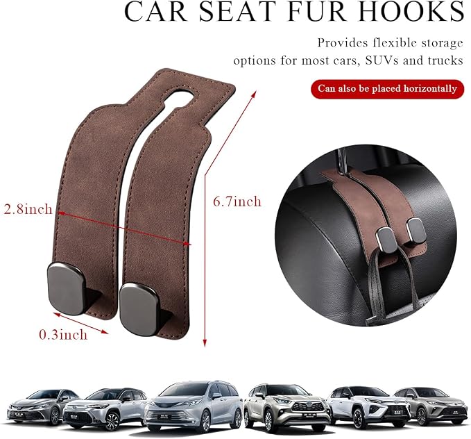 2 PCS Car Seat Headrest Hook, Back Seat Hanger with Double Flexible Leather Hooks, Soft Leather Double Headrest Metal Hooks Purse Handbag Organizer, Car Accessories (Brown) - Image 2