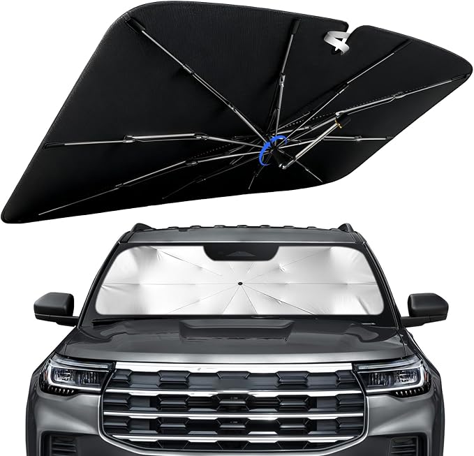 Windshield Sun Shade for Ford Explorer 2020-2026 with 360° Rotating Shaft | Custom Fit Umbrella Sunshade for UV Blocking, Interior Heat Protection, Easy Storage, UPF 50+ Cool Windshield Cover by Lonyaqui