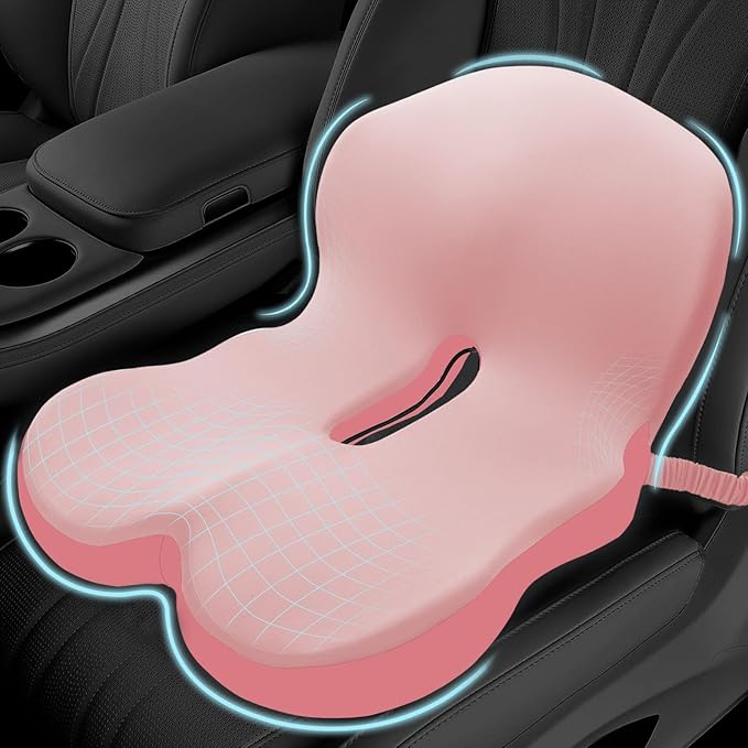 Memory Foam Seat Cushion for Sciatica & Back Pain Relief - Ergonomic Chair Pad with Adjustable Strap & Supportive Comfort Cover, Non-Slip for Car, Truck, Office Chair - Pink by MosxoedEnjoyLife