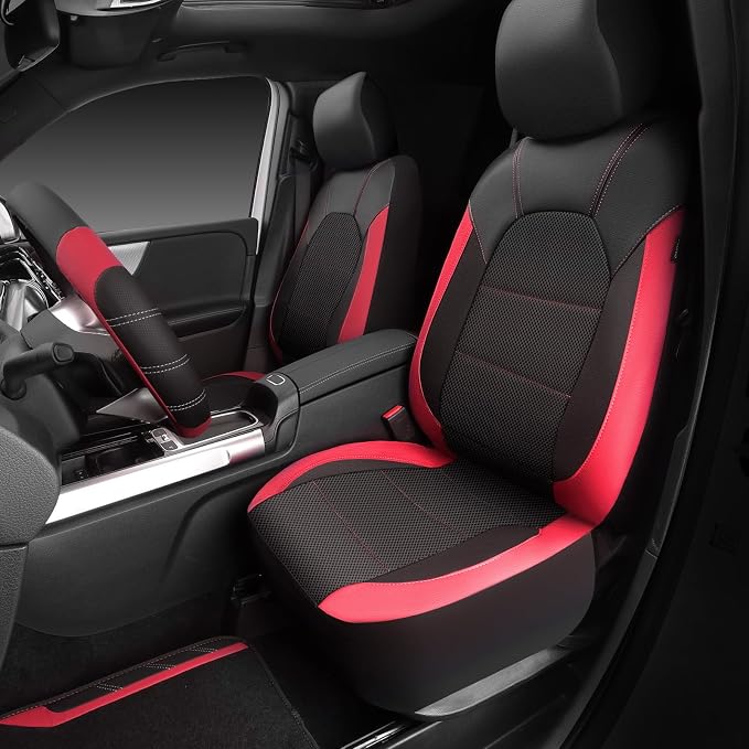 CAR PASS Air Mesh Leather Car Seat Covers for Front Seats, Waterproof Car Floor Mats, Sporty Steering Wheel Cover, Universal Fit for 95% Cars Truck SUV (Black and Red) - Image 2