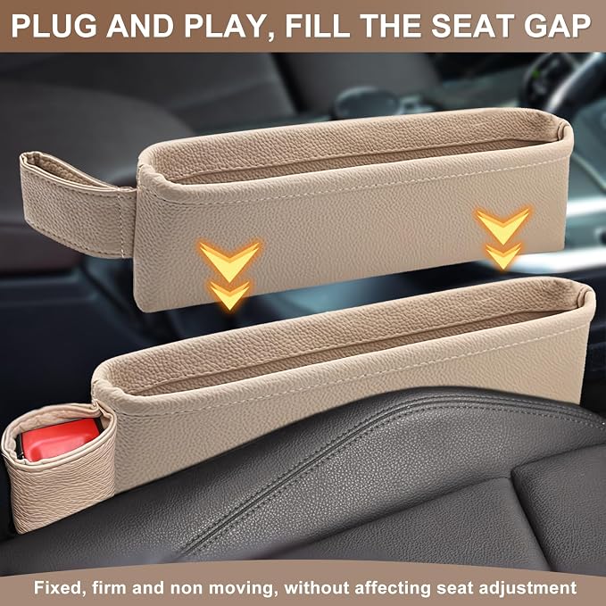 2 Pack Update Car Seat Gap Filler Organizer Leather Console Storage Box Front Side Pocket Seats Organizers Filler Interior Car Accessories for Phone Wallet Coin Key Sunglasses (Off-White) - Image 4