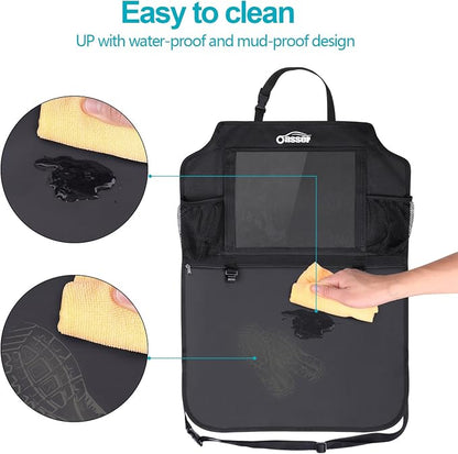 Oasser Seat Back Protector Kick Mats Backseat Car Organizers | 2 Pack, 1 Tissue Box, 12.9" Touch Screen Tablet Holder, Large Back of Seat Protector and Storage for Kids, 8 Pockets, Black - Image 6