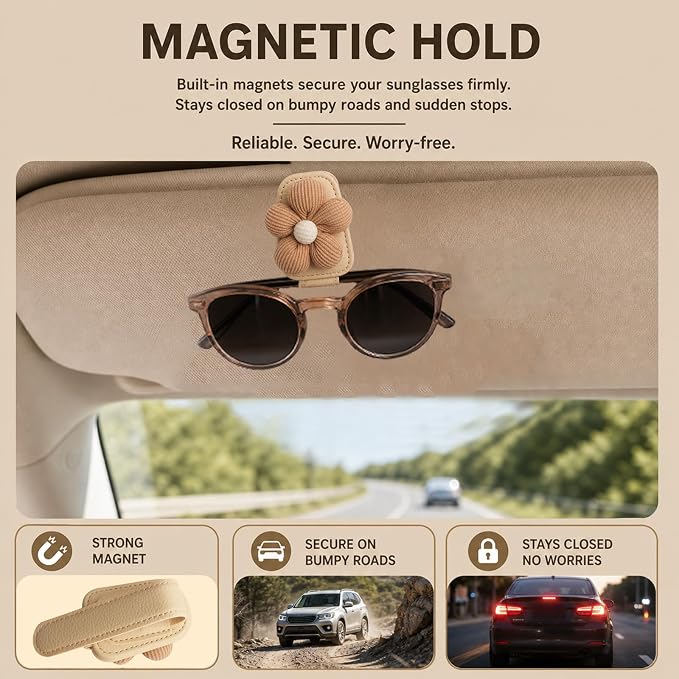 Flower Magnetic Sunglass Holder for Car Visor Fits Women (Brown) | Anti-Scratch Car Sunglass Holder Clip for Multiple Sizes of Glasses,Tool-Free Sunglasses Clip for Car Visor as Gifts - Image 4
