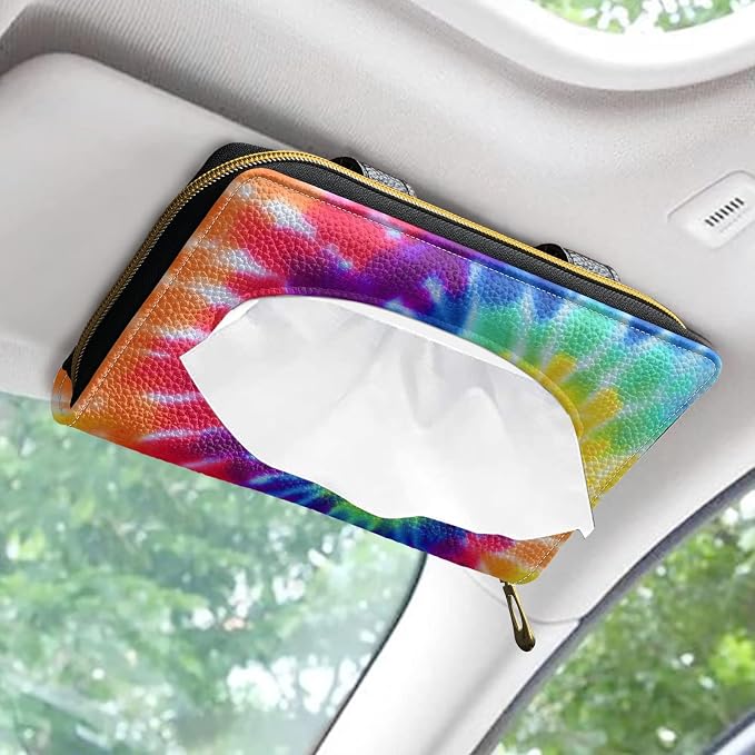 Biyejit Car Tissue Holder, Rainbow Tie Dye Premium Sun Visor Napkin Case, Hanging Car Accessories Used to Organize Paper Towels and Storage Small Items - Image 2