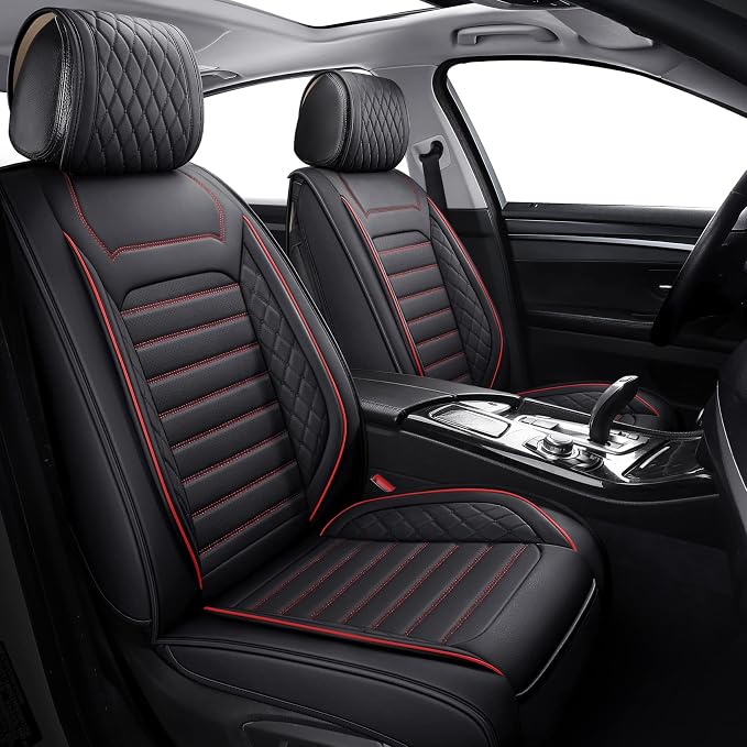 Front Seat Covers Set Universal Fit 95% Cars, Black-Red | Comaptible with Nissan Rogue Murano Maxima Kia Soul Forte Sorento Optima Honda Hyundai Buick Mazda Volvo Leather Protector - Image 2