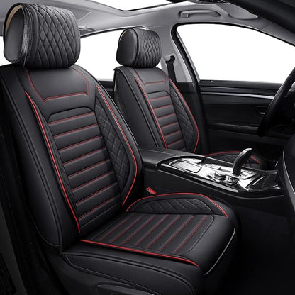 Front Seat Covers Set Universal Fit 95% Cars, Black-Red | Comaptible with Nissan Rogue Murano Maxima Kia Soul Forte Sorento Optima Honda Hyundai Buick Mazda Volvo Leather Protector - Image 2