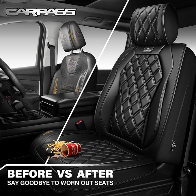 CAR PASS Luxury Nappa Leather Front Seat Covers, Waterproof Lumbar Support Seat Covers, Universal Anti Slip Seat Cushion Fit for Most Sedan SUV Truck Van, Armrest Airbag Compatible Rhomb Pure Black - Image 6