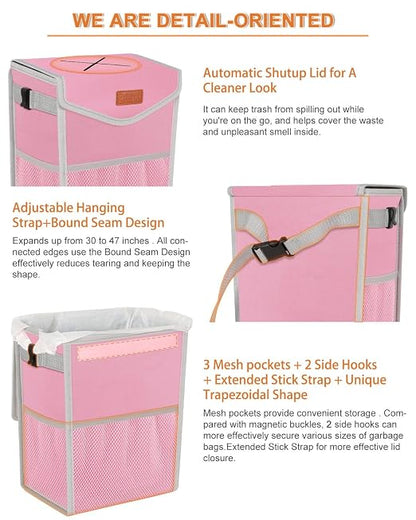 Pritent Car Trash Can with Lid Leakproof Car Garbage Bag Vehicle Trash Bin | Hanging Automotive Garbage Can,Multipurpose Car Accessories for Women Men Interior Car Storage Organizer(2 Gal,Pink) - Image 4