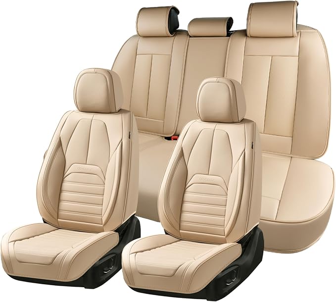 Car Seat Covers Full Set, Beige Seat Covers for Cars, Automotive Seat Covers, Waterproof Nappa Leather Front Seats and Back Car Seat Protector, Universal Fit for Most Cars SUV Trucks by COVERADOAUTO