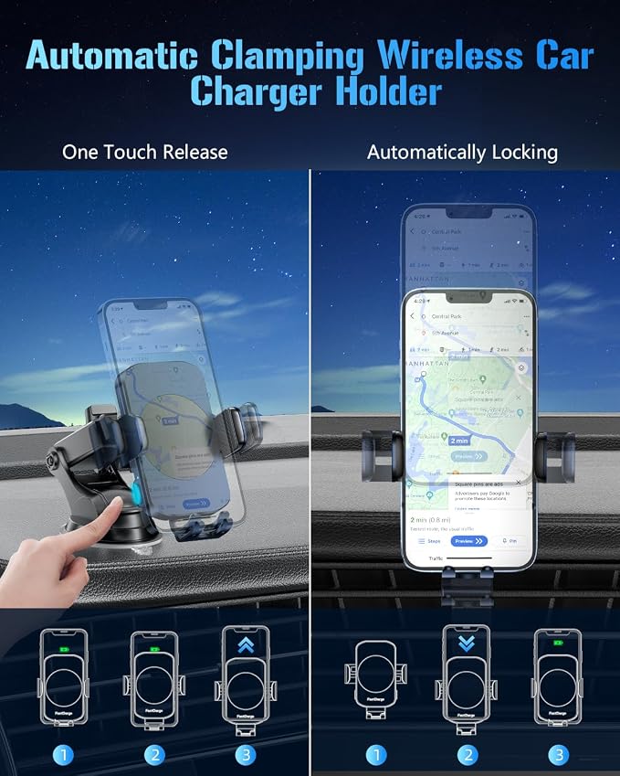 3-in-1 Wireless Car Charger Mount, 15W Fast Charging Auto-Clamping Phone Holder for iPhone 17 16 15 14, Samsung Galaxy S24 S23, Dashboard, Vent & Windshield Car Mount(Deep Blue) - Image 6