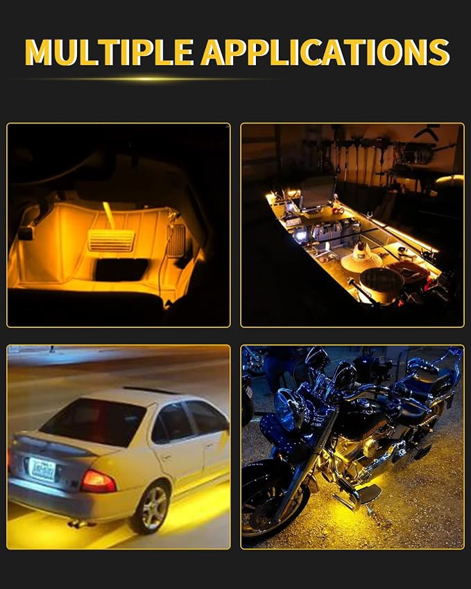 YM E-Bright Waterproof LED Strip Lights, 12in 36SMD 12V Amber 4 Pack | IP68 Flexible strips suit compatible cars, motorcycles, boats, and golf carts for interior or exterior accent lighting. - Image 4