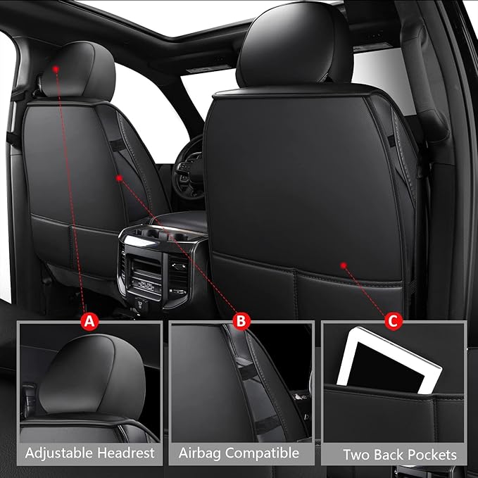 Front Ram Seat Cover Fit 2009-2026 RAM 1500/2500/3500 Crew Quad Cab | Leather Ram Seat Cover,Waterproof Truck Seat Covers,Red Car Seat Cover,Car Seat Protector,Front Seat Covers For Ram - Image 3