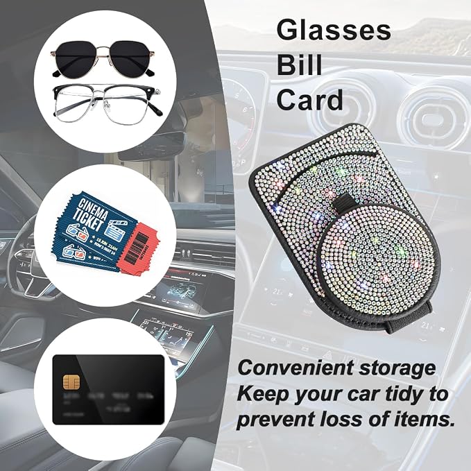 Bling Sunglasses Holder for Car Visor, Genuine Leather Crystal Rhinestone Vehicle Eyeglasses Clip Mount Hanger, Auto Ticket Card Origanizer for Women Girls, Universal Fit (Multicolor) - Image 4