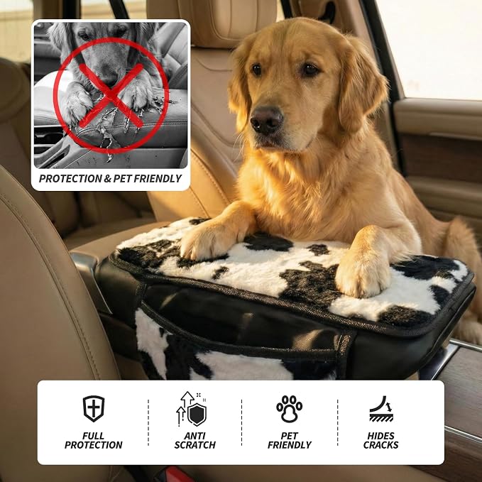 Plush Fuzzy Car Center Console Cover with 2 Side Pockets, Cow Print | Fluffy Armrest Cushion Pad,Soft Car Interior Accessories with Storage for Men & Women,Universal Fit for Vehicles SUV Truck - Image 6