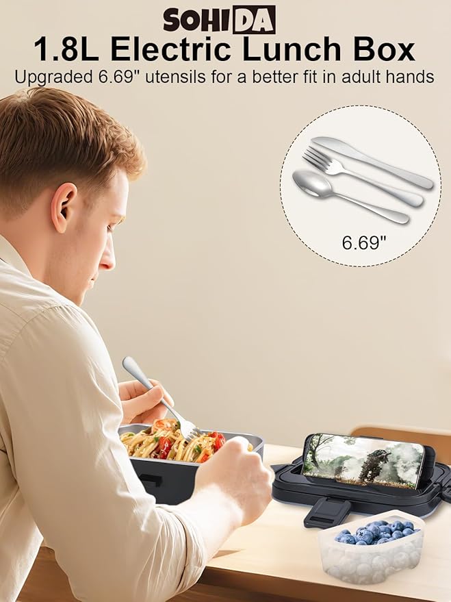 1.8L Heated Lunch Box for Men, Portable Food Warmer for Car/Truck/Office | Sohida 80W Electric Lunch Box for Adults: Leak-Proof and Dishwasher-Safe, 12V/24V/110V Lonchera Eléctrica Portátil for Worker - Image 2