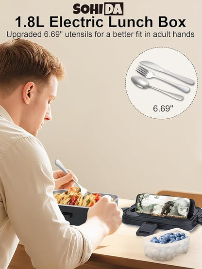 1.8L Heated Lunch Box for Men, Portable Food Warmer for Car/Truck/Office | Sohida 80W Electric Lunch Box for Adults: Leak-Proof and Dishwasher-Safe, 12V/24V/110V Lonchera Eléctrica Portátil for Worker - Image 2