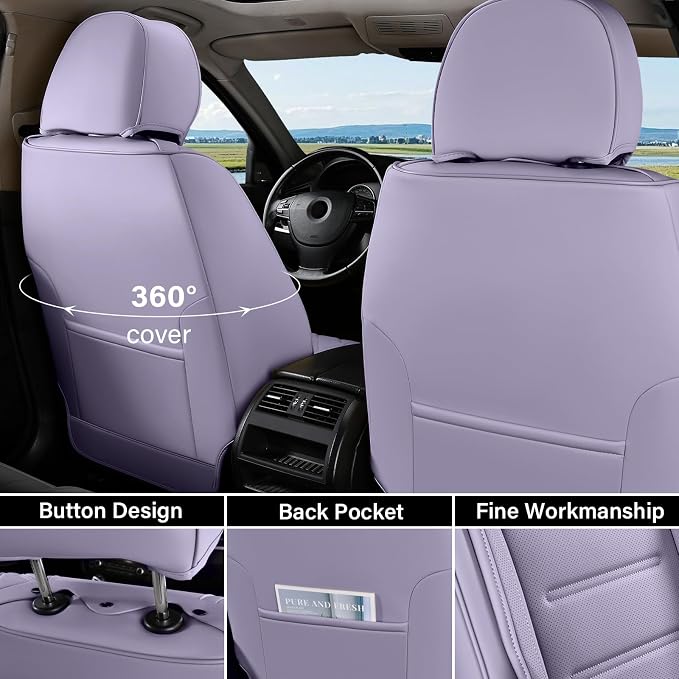 Coverado Car Seat Covers Full Set, Seat Covers for Cars, Car Seat Protector Waterproof, Leather Cushion, Universal Car Interior Covers Seat Protectors for Most Cars Purple - Image 2