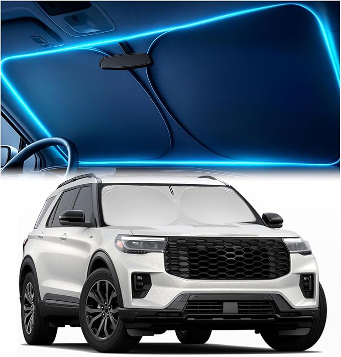 Windshield Sun Shade for Ford Explorer 2020-2026 ST, XLT, Limited, Platinum – Custom Fit Sun Shield with Mirror Cut‑Out, Blocks Heat & UV, Foldable - Ford Explorer Windshield Sunshade by Autopect