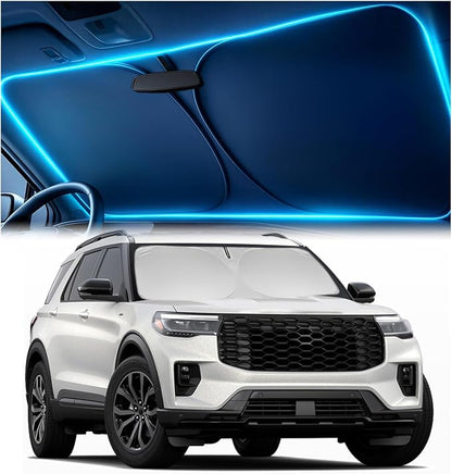 Windshield Sun Shade for Ford Explorer 2020-2026 ST, XLT, Limited, Platinum – Custom Fit Sun Shield with Mirror Cut‑Out, Blocks Heat & UV, Foldable - Ford Explorer Windshield Sunshade by Autopect