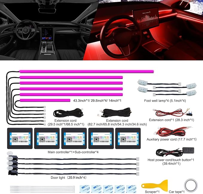 Acrylic Interior Car LED Strip Light with Wireless APP, RGB 14 in 1 with 175 inches 600 LEDs Fiber Optic Car Ambient Lighting Kits, 16 Million Colors Sound Active Function LED Strip for Car - Image 3