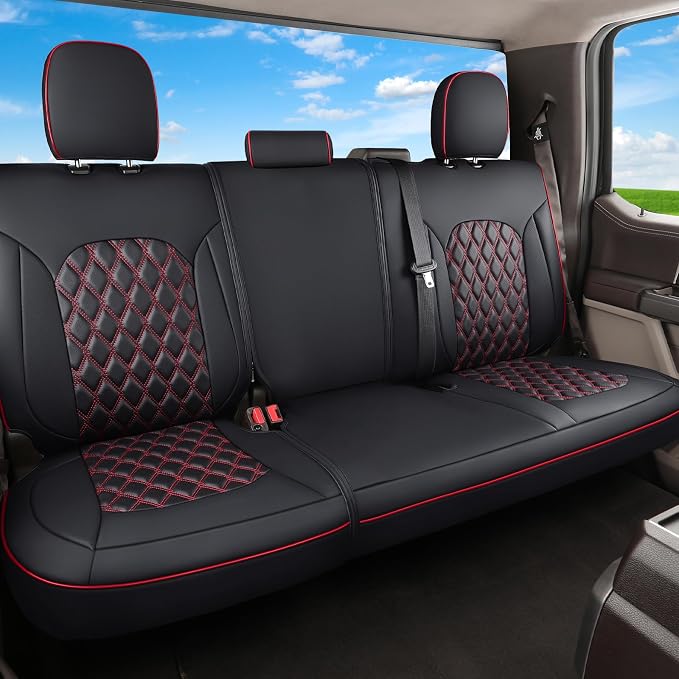 Huidasource Tacoma Back Row Seat Covers, Split Rear Bench Leather Seat Cover Fit for 3rd Gen Toyota Tacoma 2016-2023 Double & Crew Cab SR SR5 Limited TRD Sport/Pro/Off Road (Back Row/Black&Red) by Huidasource