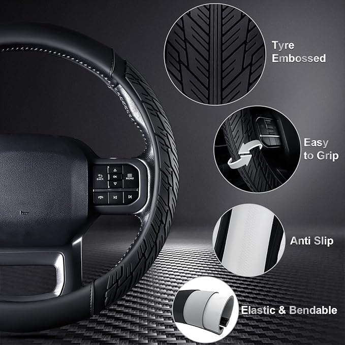 CAR PASS Rubber Leather Steering Wheel Cover Large-Size 15.5-16 Inches Fit for Truck SUV Large Car Ram F150 Tundra 4Runner Tacoma, XXL Heavy Duty Deep-Dish Car Floor Mats, Trim-to-Fit Car Mat Black - Image 7