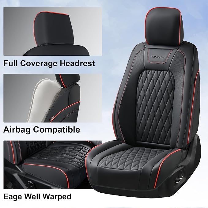 Coverado Leather Car Seat Cover, Custom Fit for Ford F150 Seat Covers, Ford F150 Truck Seat Covers Waterproof Fit for 2015-2026 F150 & 2017-2026 F250 F350 F450 Redline - Front Pair - Image 3