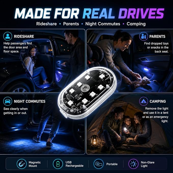 4PCS Magnetic LED Interior Car Lights, 8 Colors Wireless Ambient Nightlight | USB Rechargeable Strobe Lighting with Remote & Touch Control, Vehicle Decor for Footwell Door Dash Glove Box – Car Truck SUV - Image 4