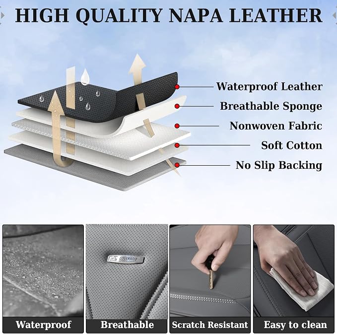 Coverado Car Seat Covers, Car Seat Covers Front Seats, 2-Pack Front Seat Cover, Nappa Leather Waterproof Seat Covers, Car Seat Protectors, Automotive Seat Covers Universal Fit for Most Vehicles Gray - Image 5