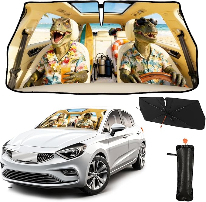 CHILL·TEK Funny Car Windshield Sun Shade Umbrella, Funny Dinosaur Car Sun Shade Umbrella, Block UV Rays Heat Foldable Windshield Umbrella Sun Visor Protector - Keep Vehicle Cool for Cars SUV by CHILL%C2%B7TEK