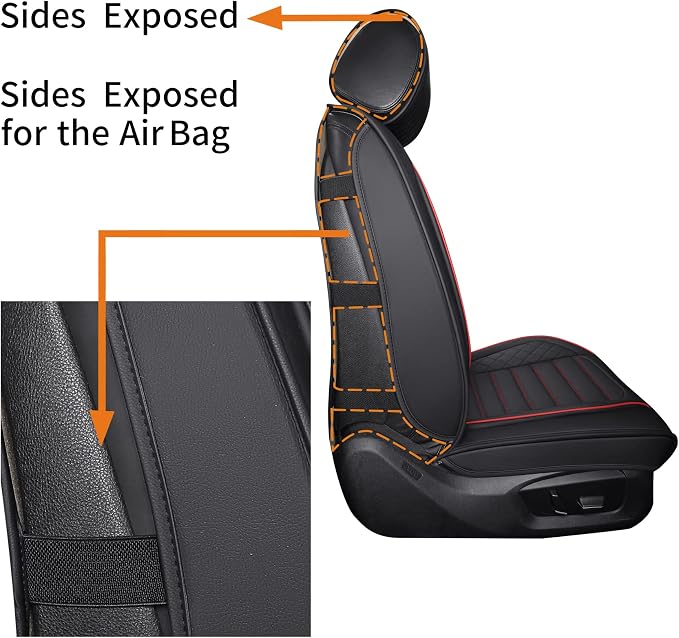 Front Seat Covers Set Universal Fit 95% Cars, Black-Red | Comaptible with Nissan Rogue Murano Maxima Kia Soul Forte Sorento Optima Honda Hyundai Buick Mazda Volvo Leather Protector - Image 4