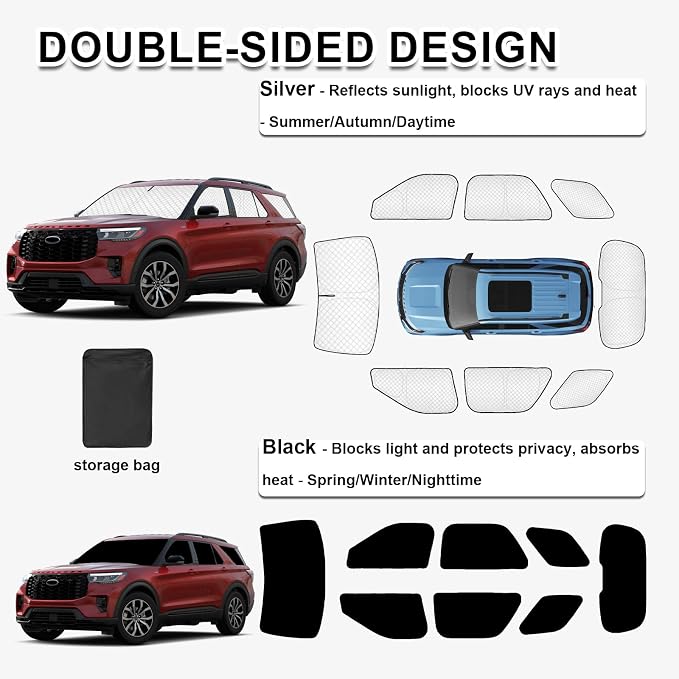 KMF 8pcs Thicken Sun Shades for Ford Explorer 2020-2025 Accessories, Full Car Window Covers Sunshade for Windshield Side Rear, Sun Visor UV Block and Protect Privacy Blackout for Camping Outdoor - Image 3