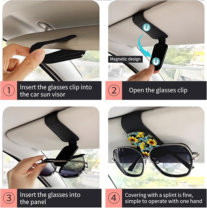 Sunglasses Holder for Car Visor, PU Leather Glasses Clip Organizer, Cute Magnetic Eyeglass Holder for Vehicle Sun Visor, Car Interior Accessory for Women & Men Sunflower Butterfly Field - Image 3